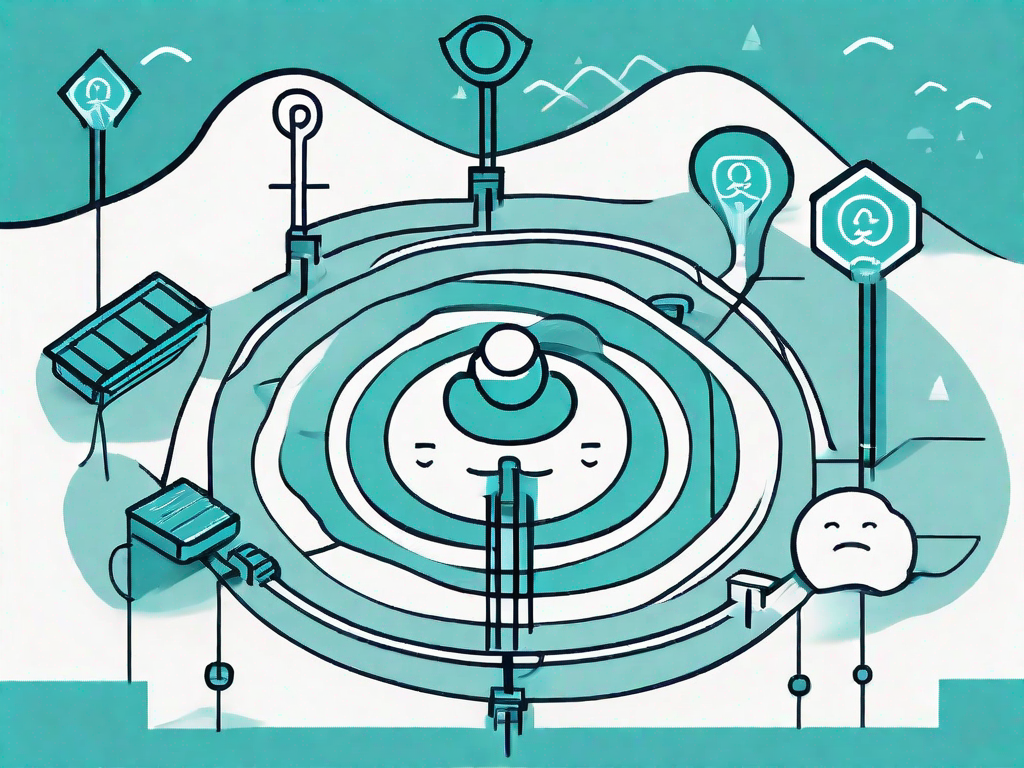 A symbolic journey path with various interconnected nodes representing customer interactions