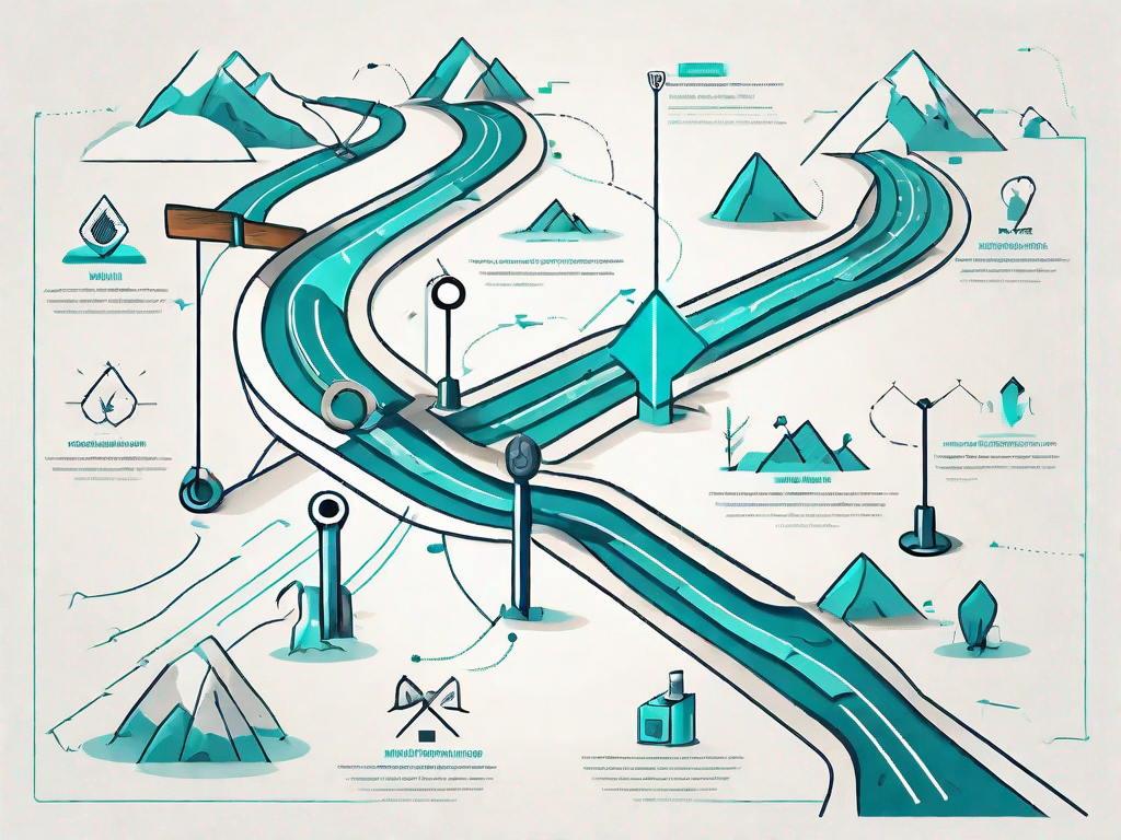 A stylized roadmap with various touchpoints represented by unique symbols