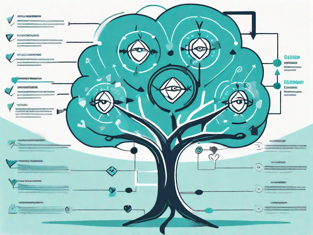 A decision tree with symbols representing different stages of customer awareness