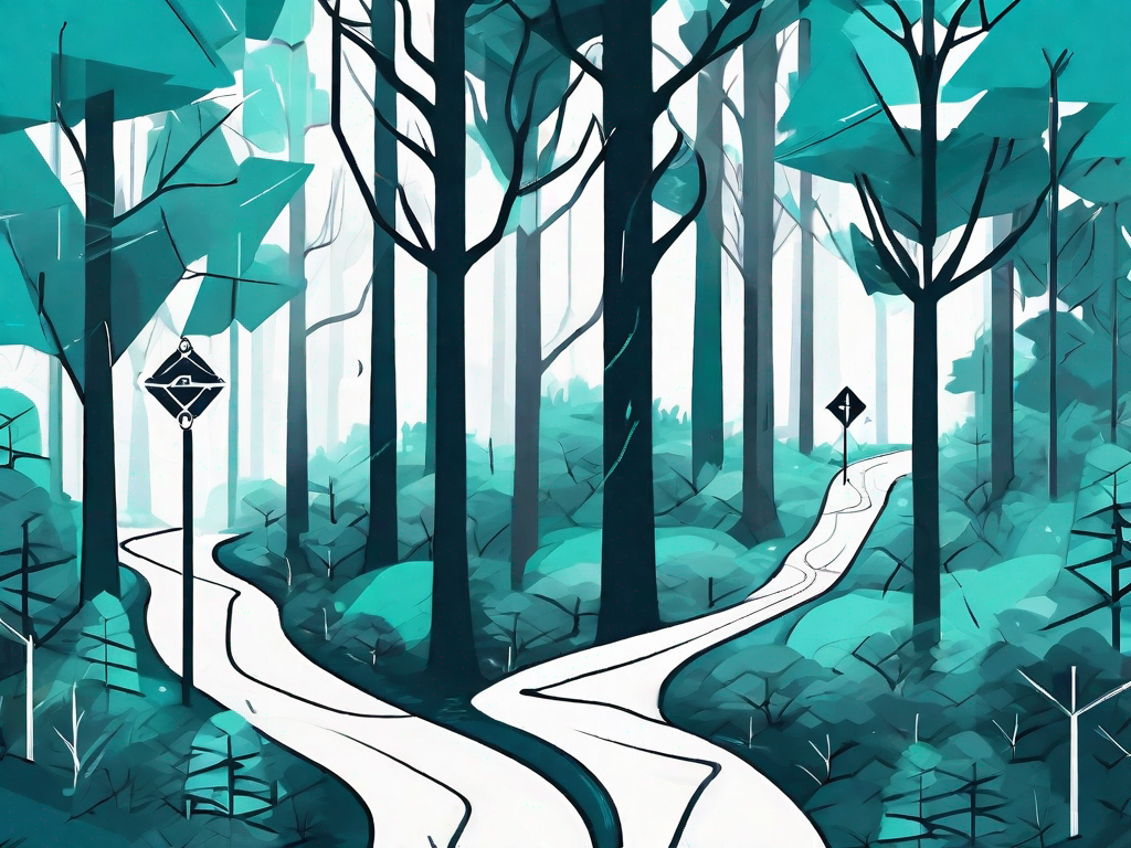 A forest path with various signposts representing different customer interests