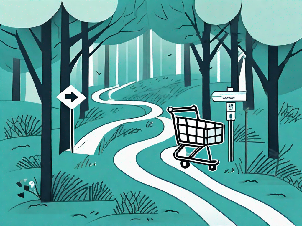 A forest path with various items symbolizing customer interactions and upselling opportunities