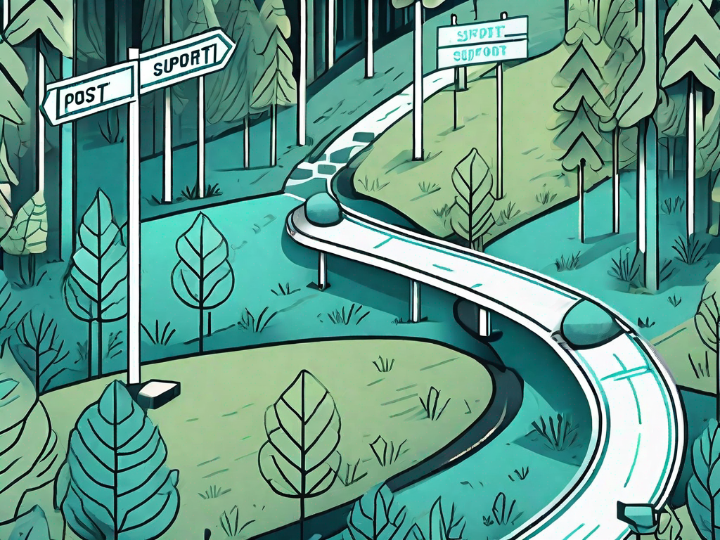 A forest path with various signposts representing different stages of the customer journey