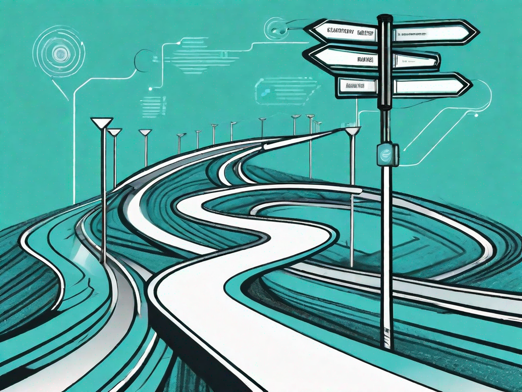 A winding road (representing the customer journey) with various signposts (representing moments of truth) and a support vector machine