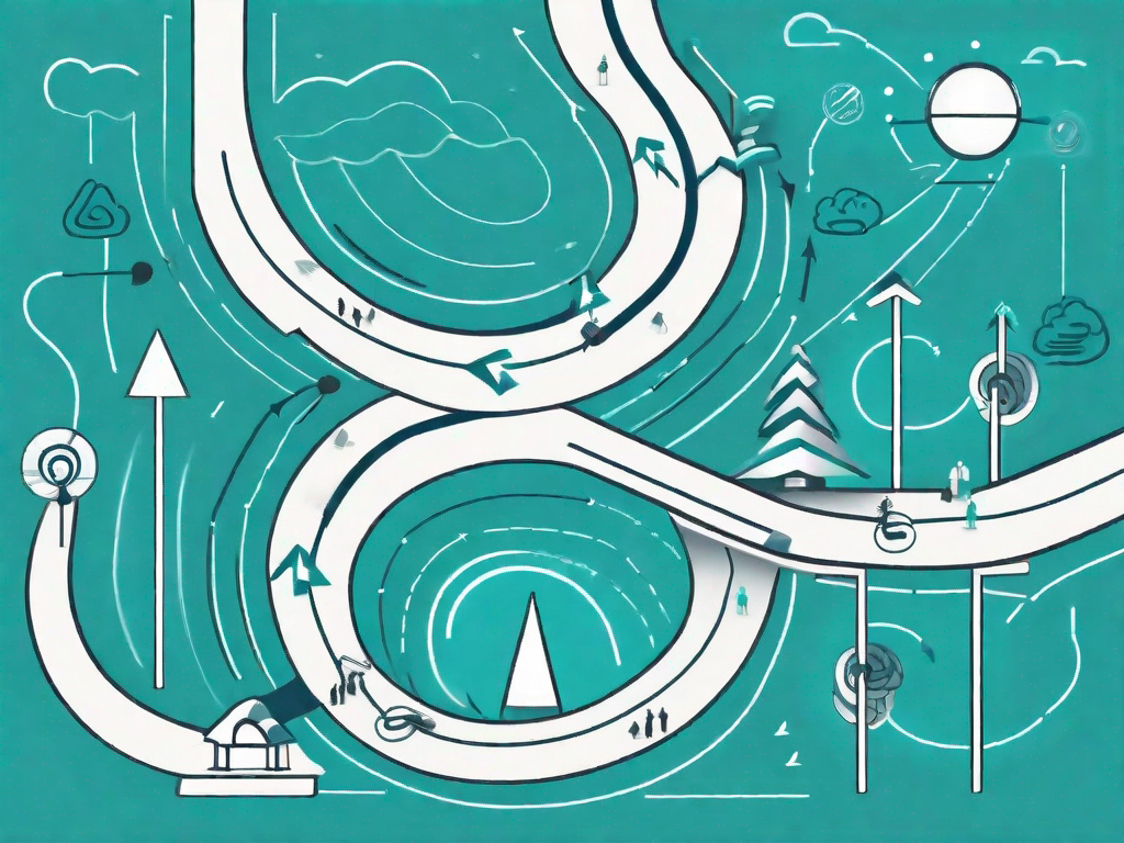 A winding path (representing the customer journey) with various clusters of symbols (representing different customer segments)