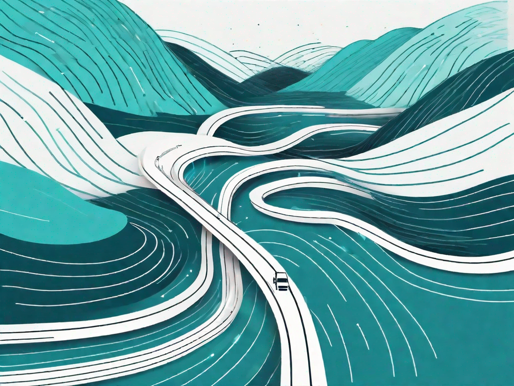 A winding road transforming into a digital data stream