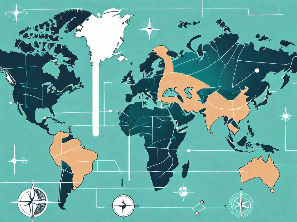 A world map with various routes marked on it