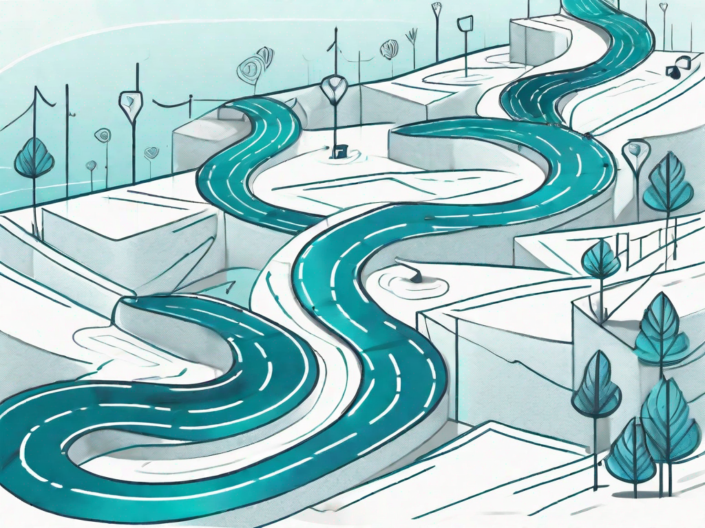 A winding path with various checkpoints representing stages of the customer journey