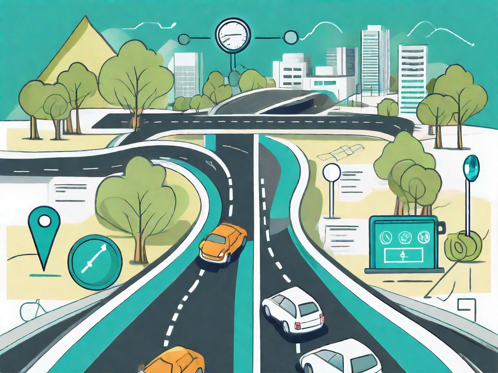 A road map with various stops and landmarks symbolizing the customer journey