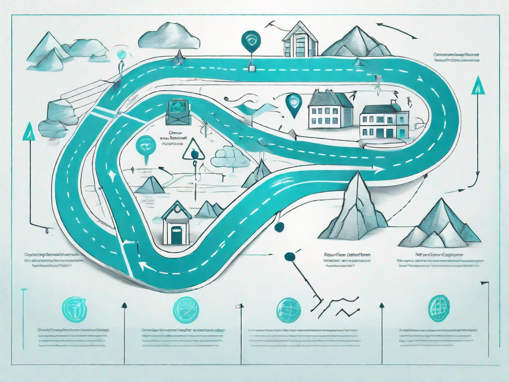 A road map with various touchpoints represented by unique symbols