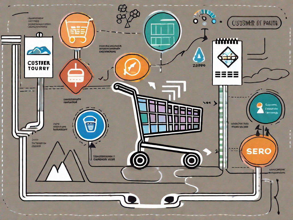 A path winding through a landscape of various business-related symbols (like a shopping cart