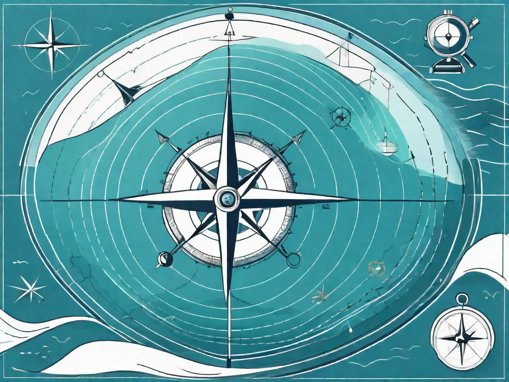 A vast blue ocean with various navigational tools like compass