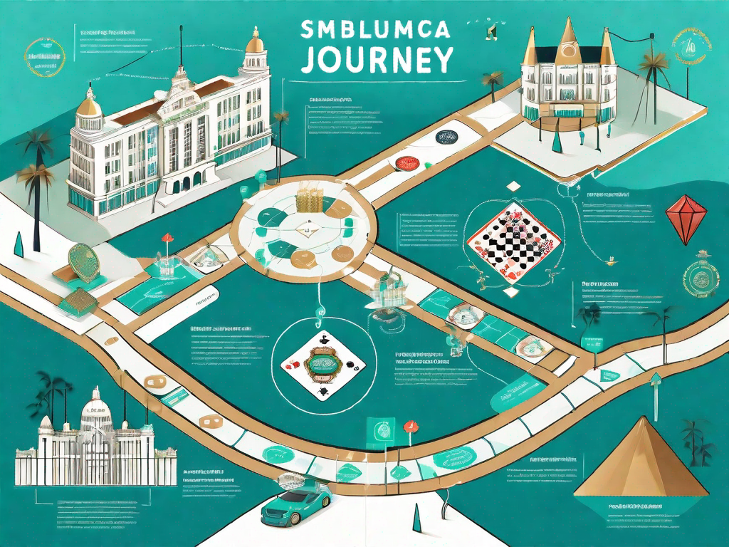 A symbolic customer journey map with various touchpoints represented by different landmarks