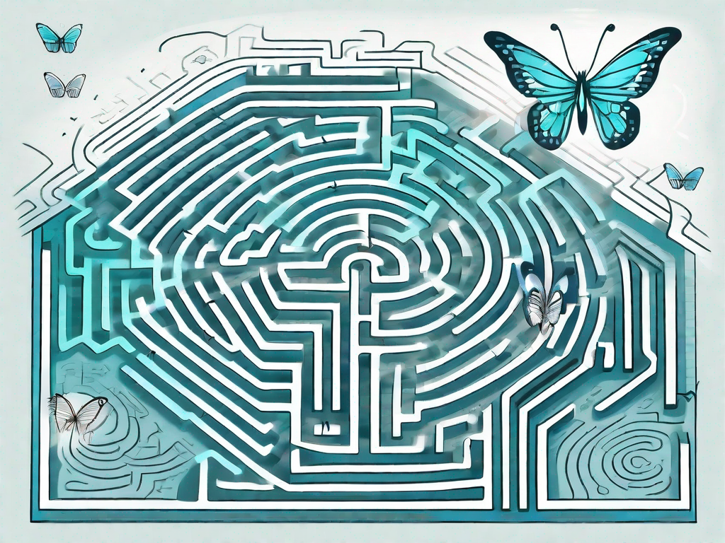 A butterfly flapping its wings over a complex maze