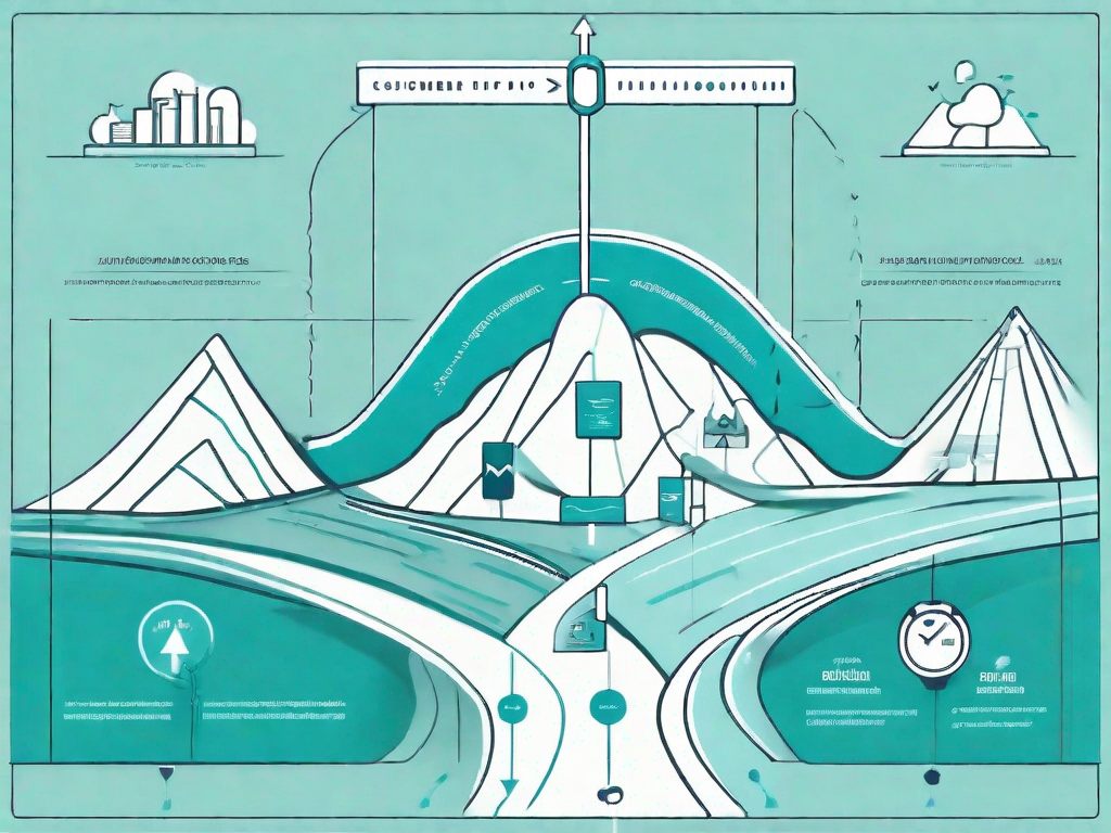 A symbolic journey path with various icons representing different stages of customer interaction