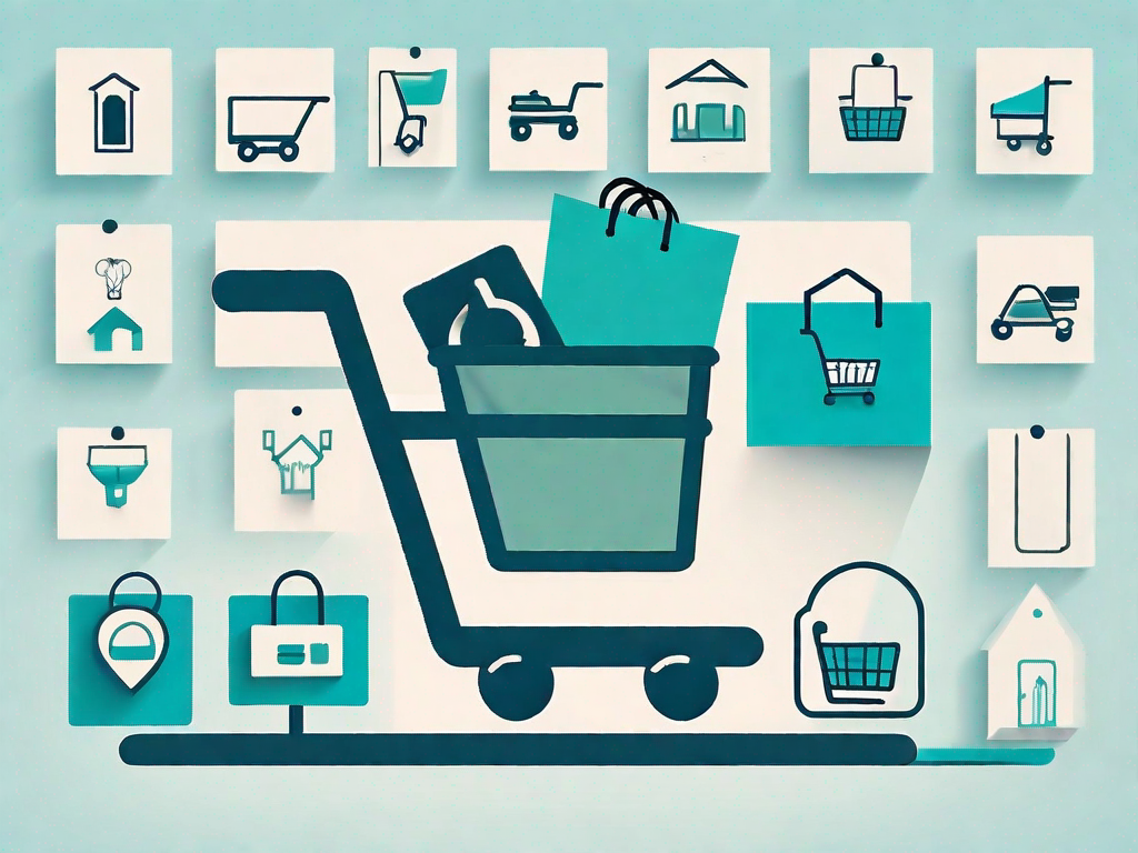 A path or journey with various stages represented by symbolic icons such as a shopping cart