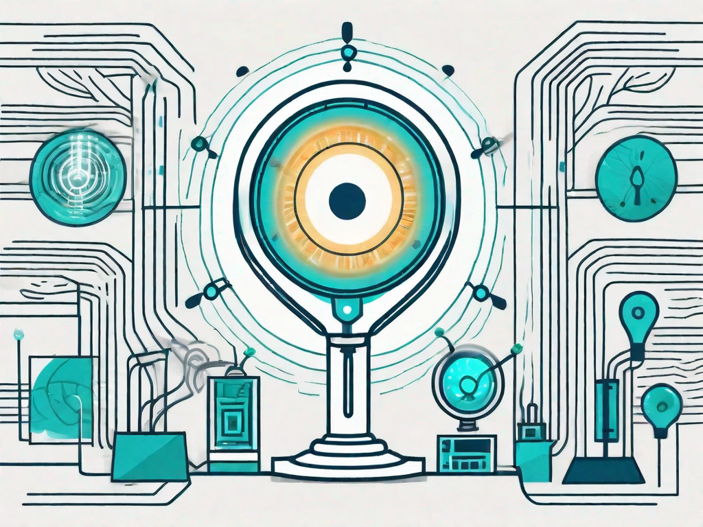 A quantum computer with beams of light branching out and transforming into various symbols representing customer awareness like an eye