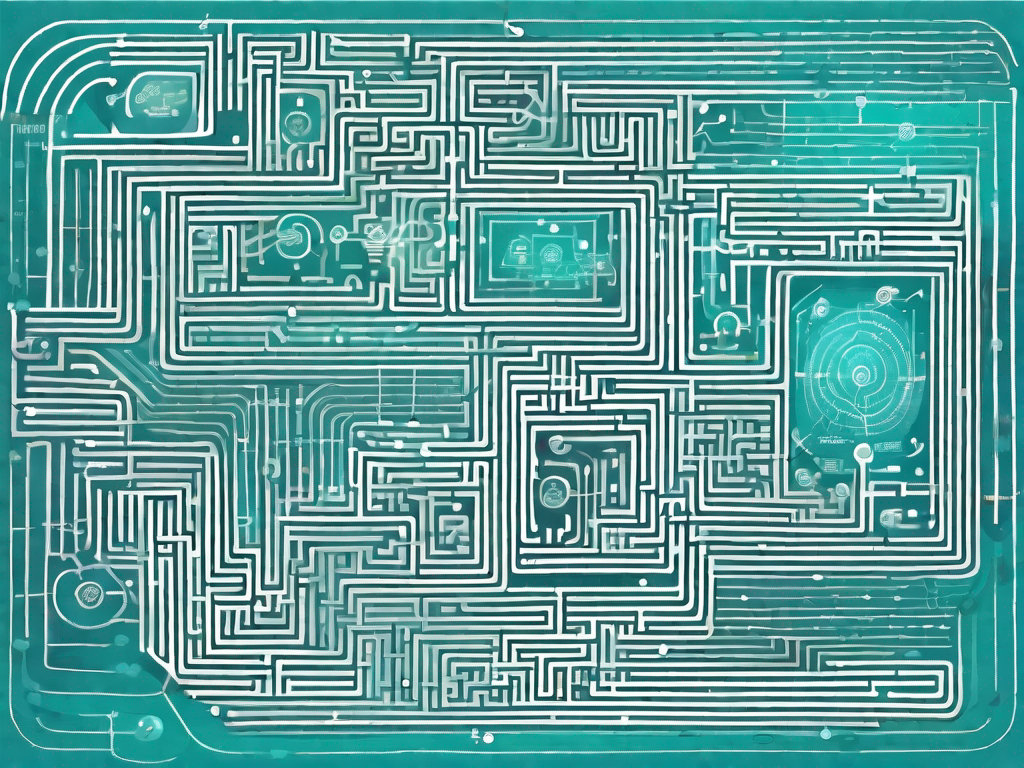 A quantum computer intricately connected to a maze-like customer journey map