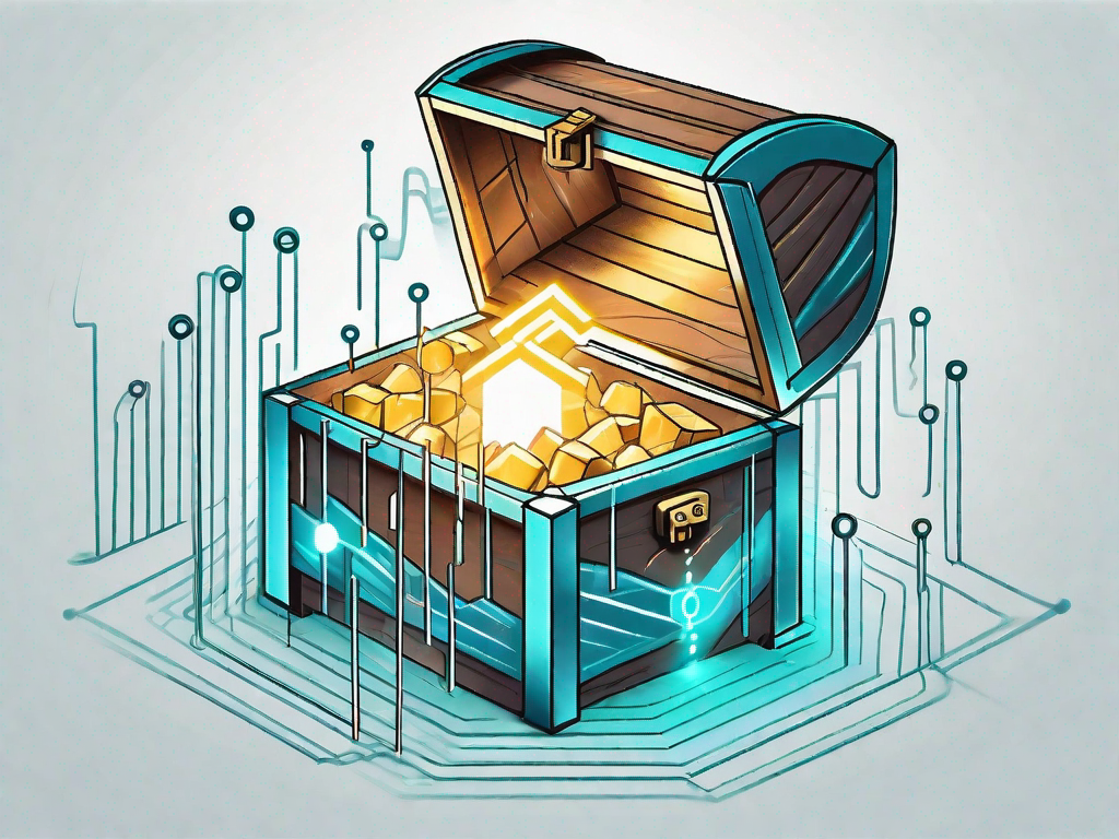 A quantum computer with beams of light representing algorithms flowing towards a treasure chest symbolizing customer lifetime value