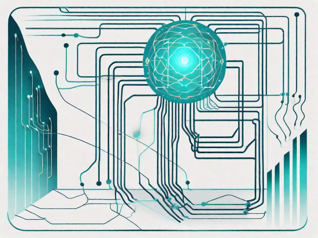 A quantum computer with various touchpoints symbolized as light beams connecting to a stylized path