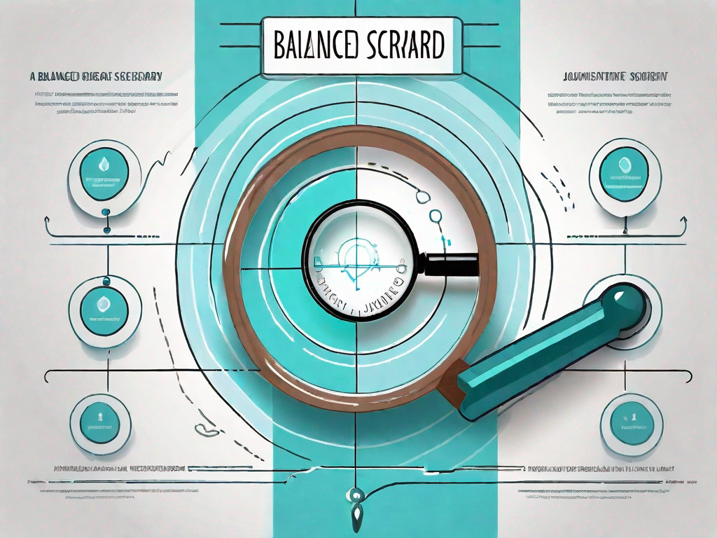 A balanced scorecard on a journey path with various checkpoints symbolizing different stages of the customer journey