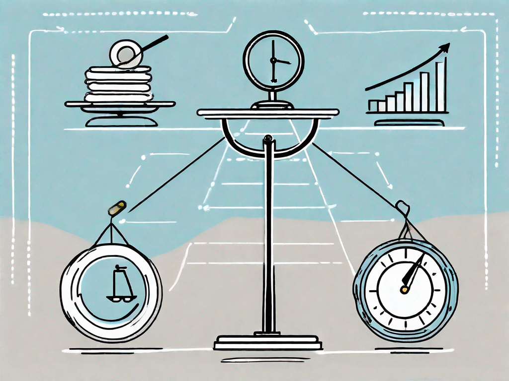 A balanced scale with various customer journey elements like a shopping cart