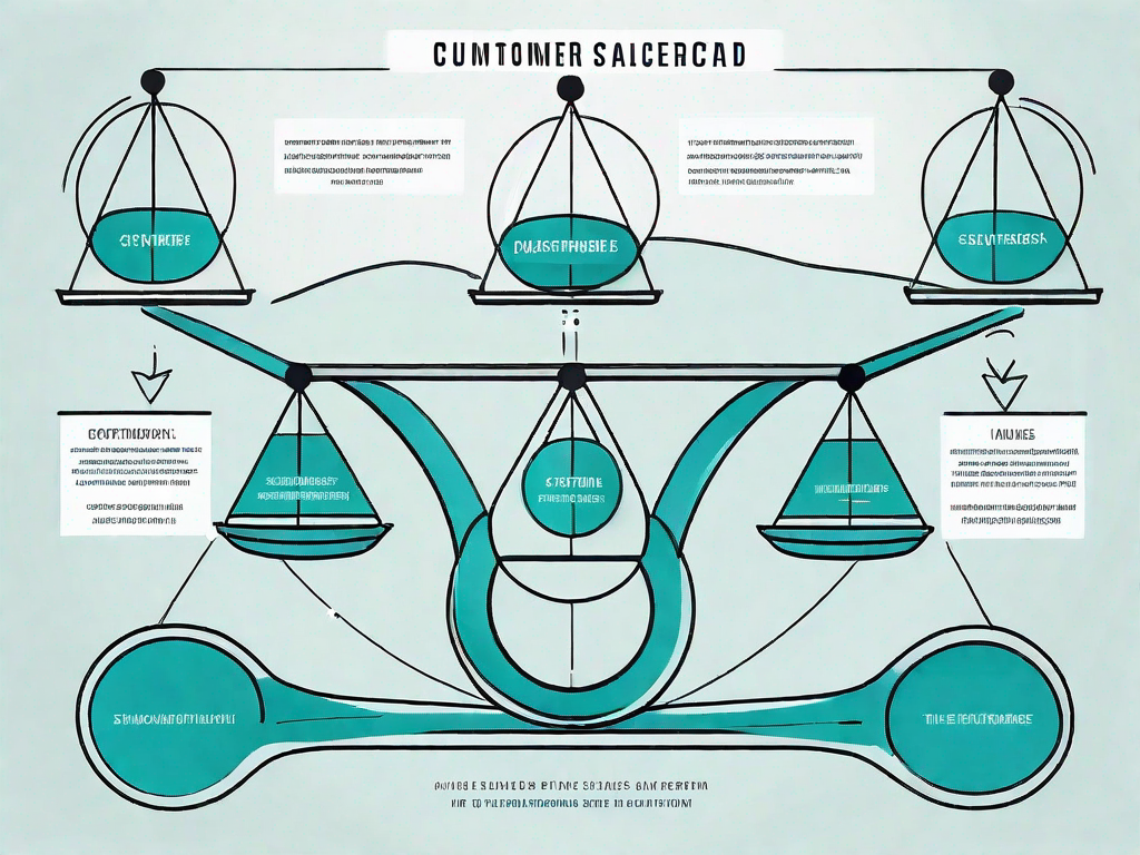 A balanced scale with various customer journey stages on one side and corresponding strategic measures on the other