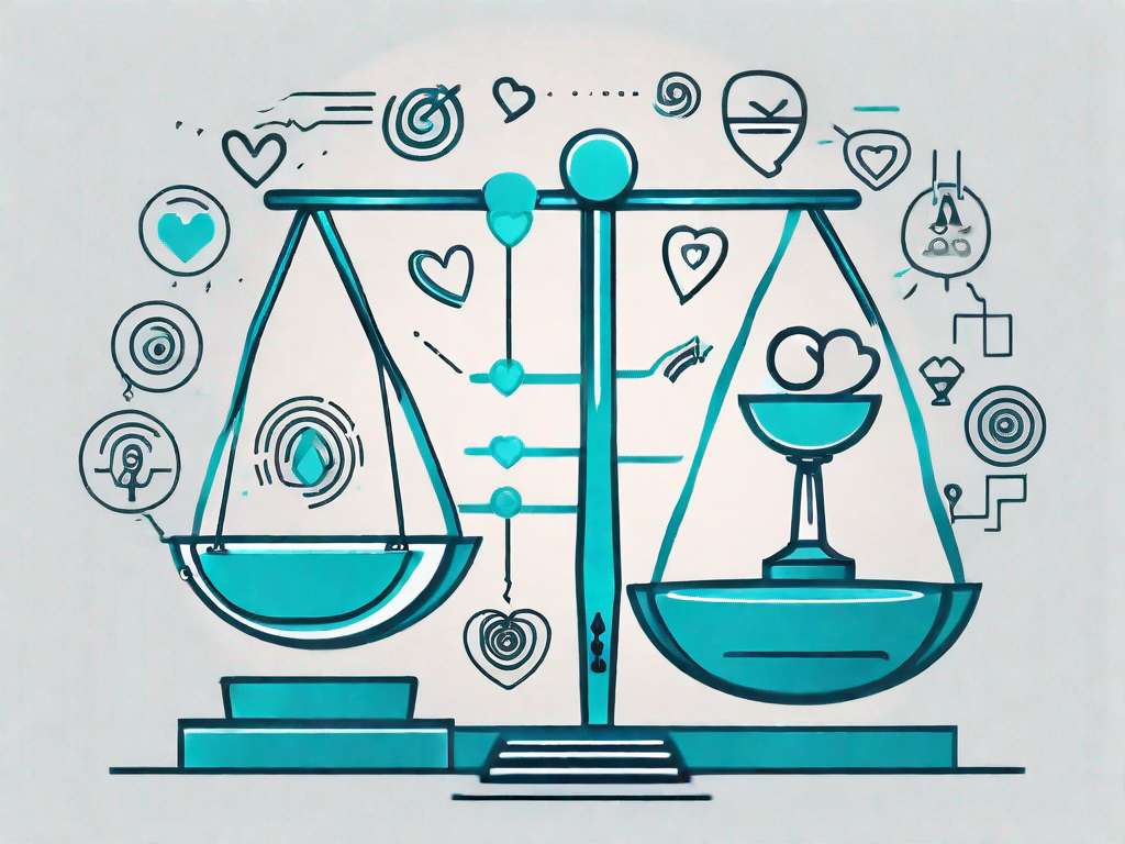 A balanced scale with various abstract symbols representing different stages of the customer journey