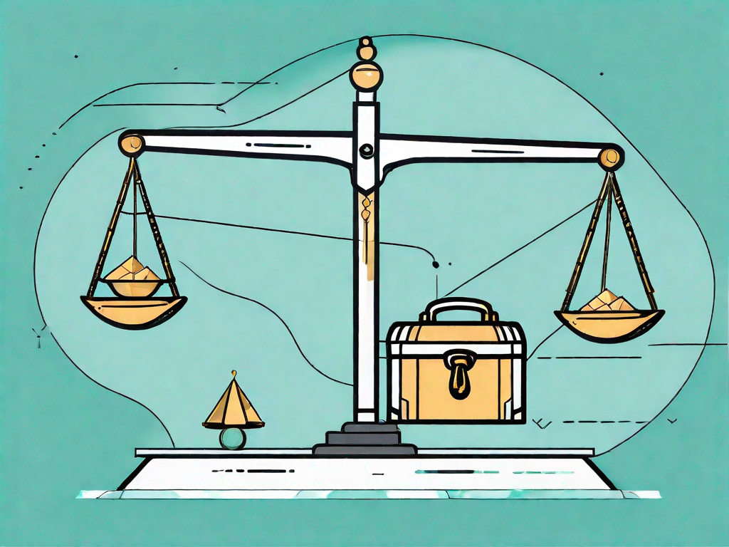 A balanced scale with one side holding a customer journey map and the other side holding a treasure chest