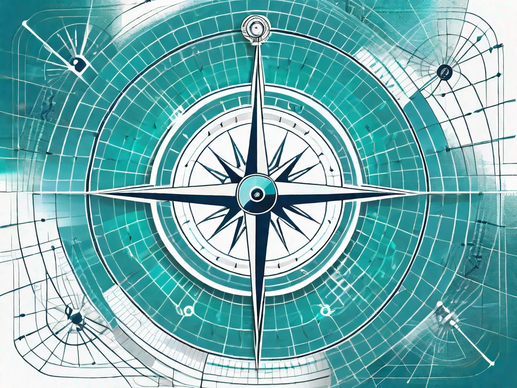 A navigational compass standing on a complex matrix grid