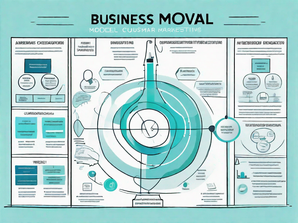 A business model canvas with various marketing and customer interaction tools symbolically represented