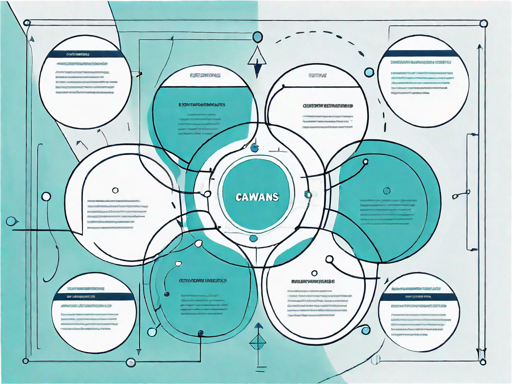 A business model canvas with various interconnected pathways