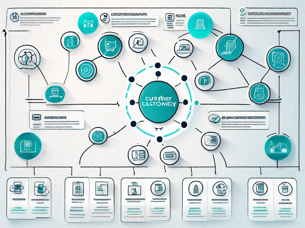 A business model canvas with various interconnected icons symbolizing stages of the customer journey