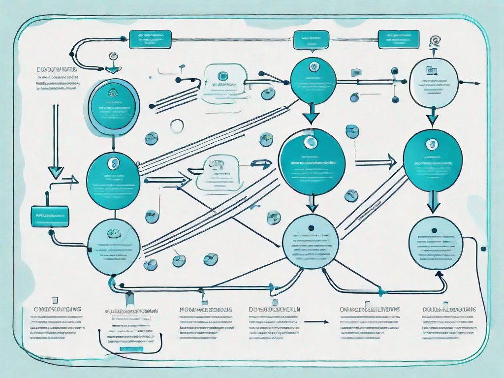 A complex flowchart with various paths and decision points