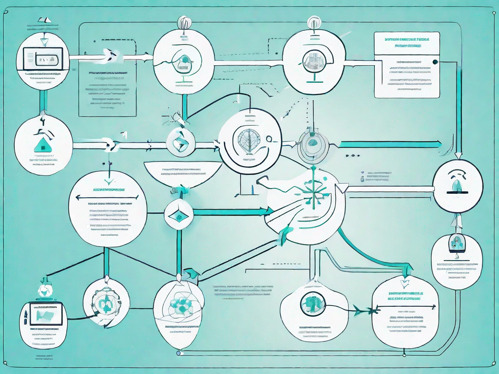 A complex flowchart with various interconnected paths and symbols