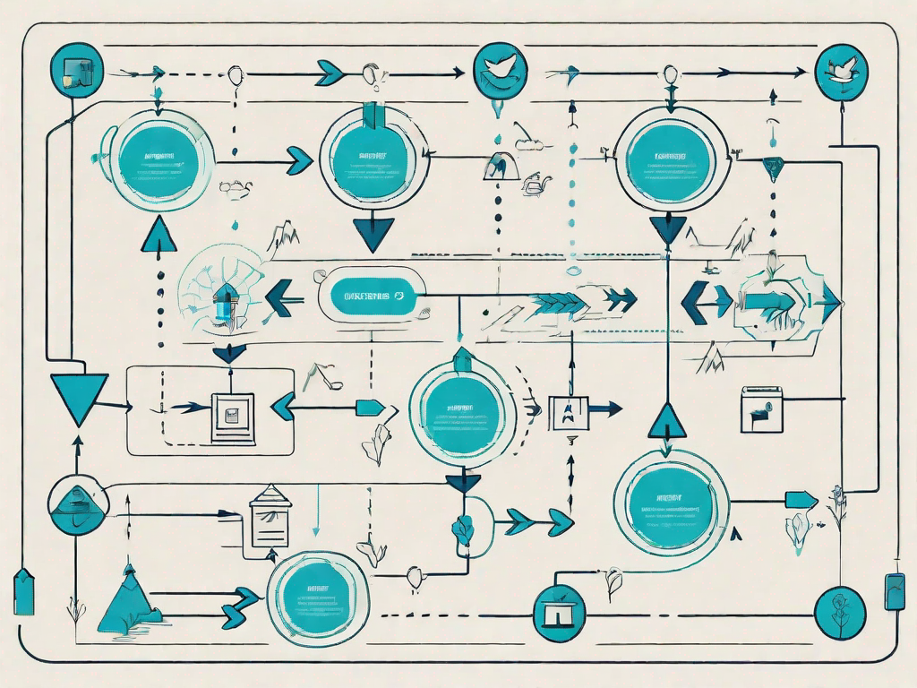 A flowchart with various paths and symbols