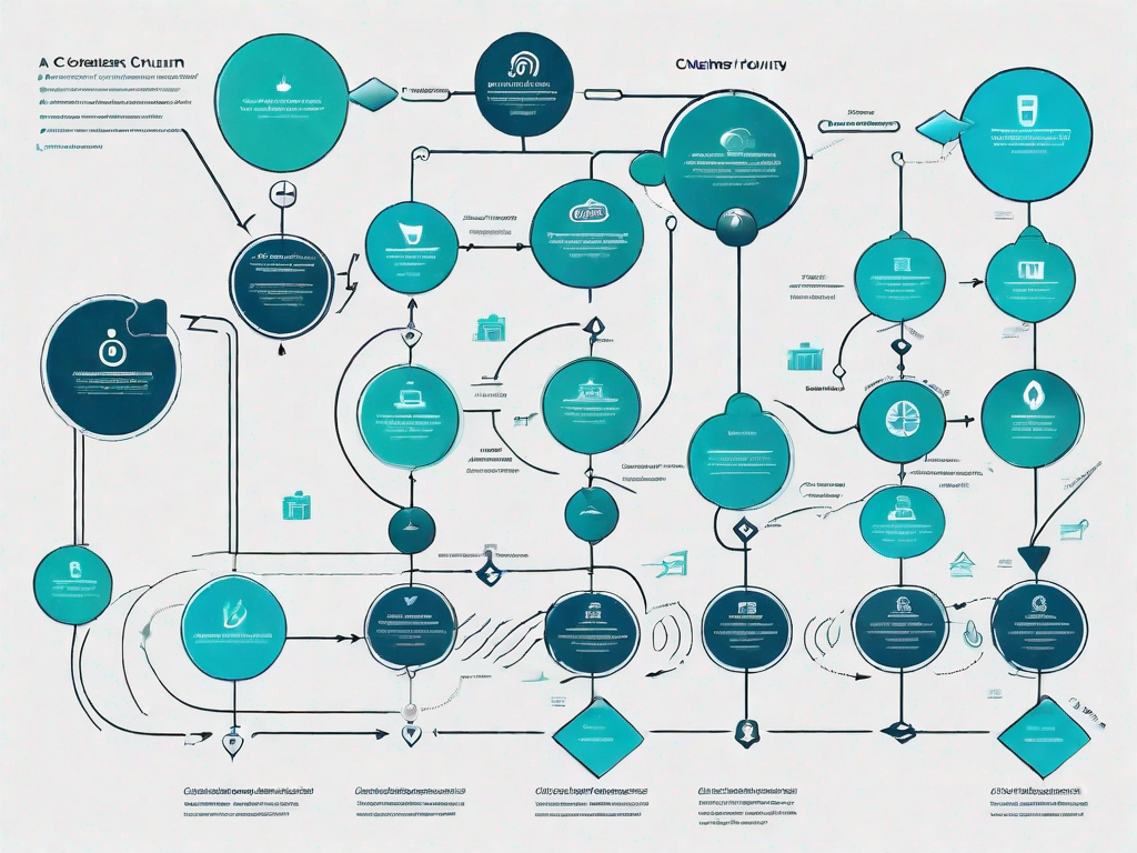 A flowchart with various interconnected paths and icons representing different stages of the customer journey