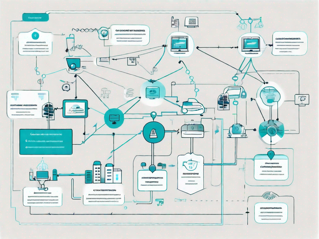 A complex flowchart with various interconnected paths and stages