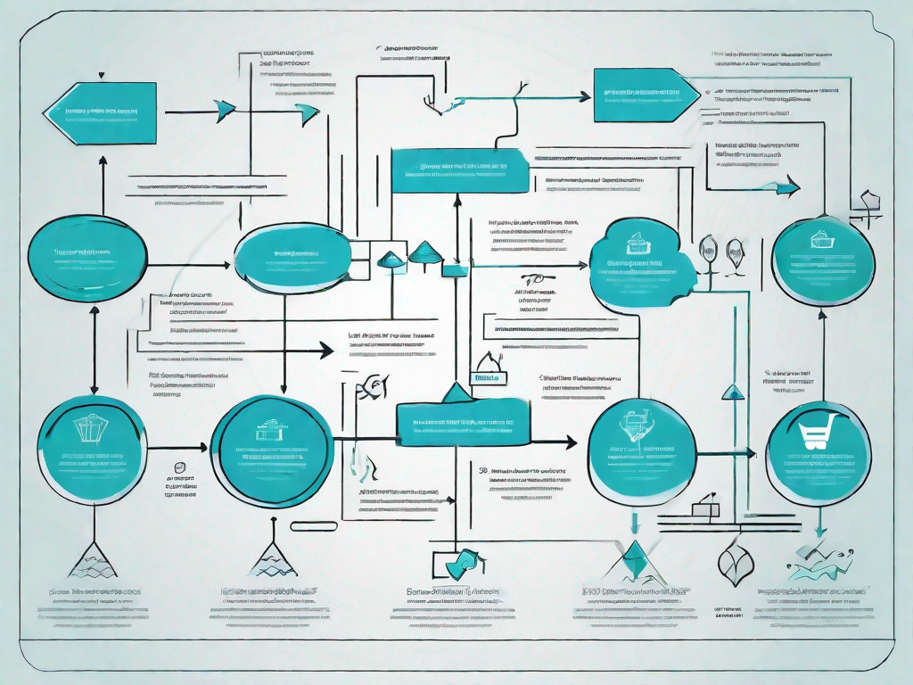 A flowchart with various paths and stages