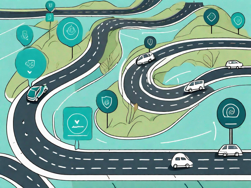 A road map with various decision points marked by icons representing different criteria