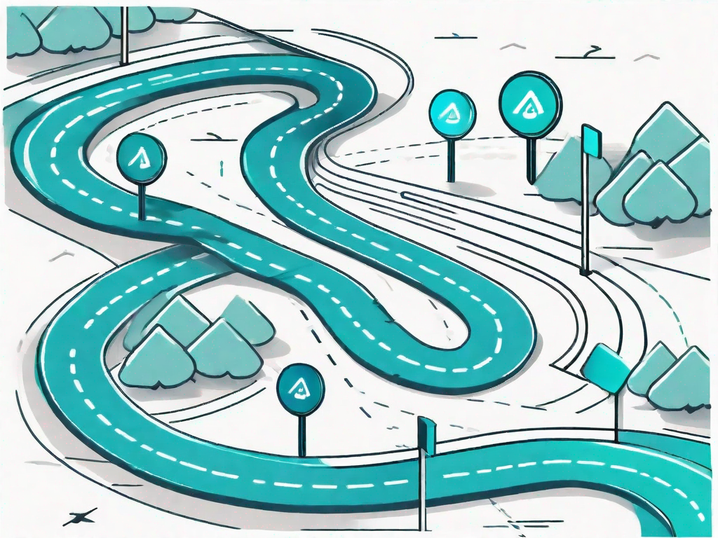 A roadmap with different criteria markers along the path leading to a customer service symbol