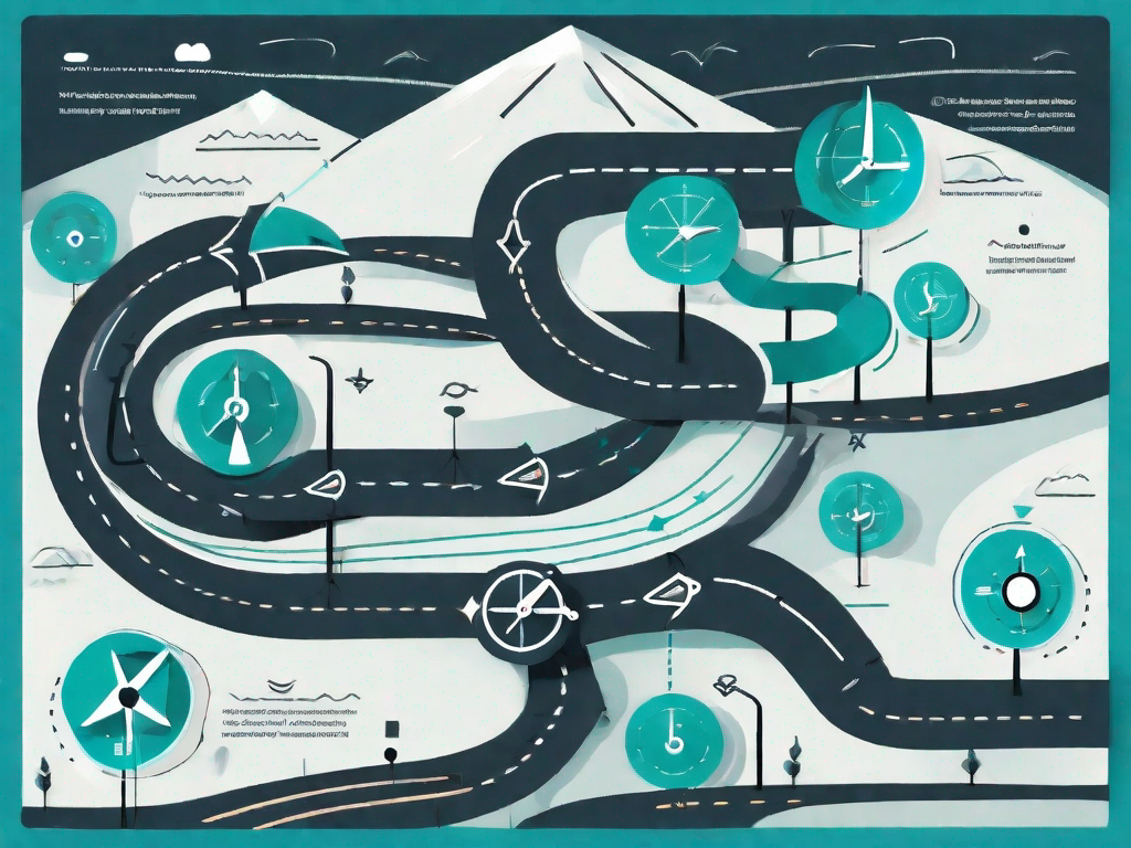 A winding path with various decision points symbolized by crossroads