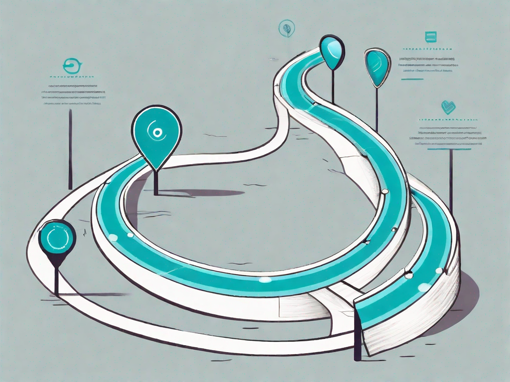 A winding journey path with various checkpoints symbolizing stages of customer interaction