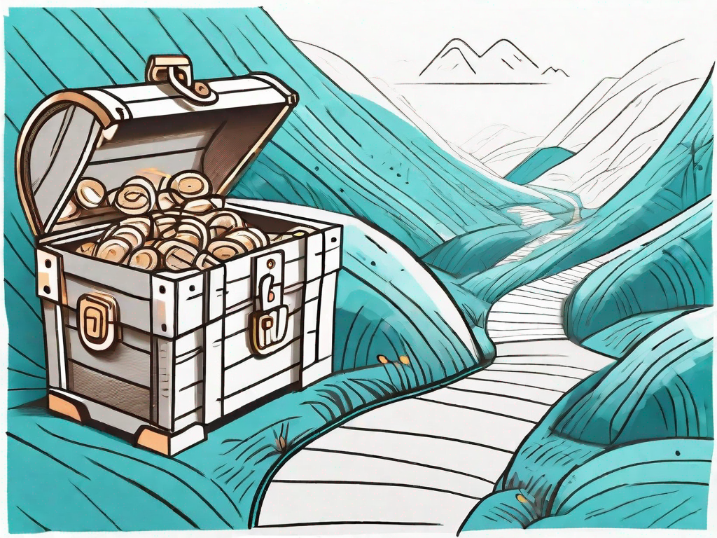 A winding path (representing the customer journey) with various milestones (representing value streams) leading to a treasure chest (representing customer referrals)