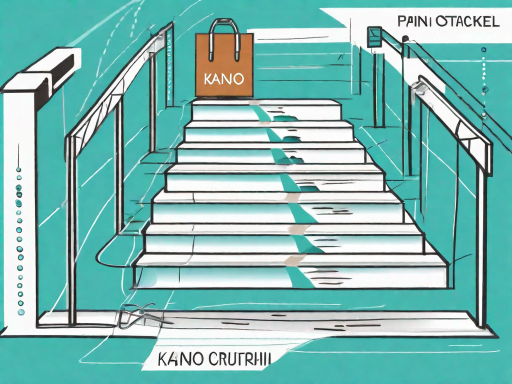 A path with various obstacles representing customer pain points and a tool kit labeled "kano model" aiding in overcoming these obstacles