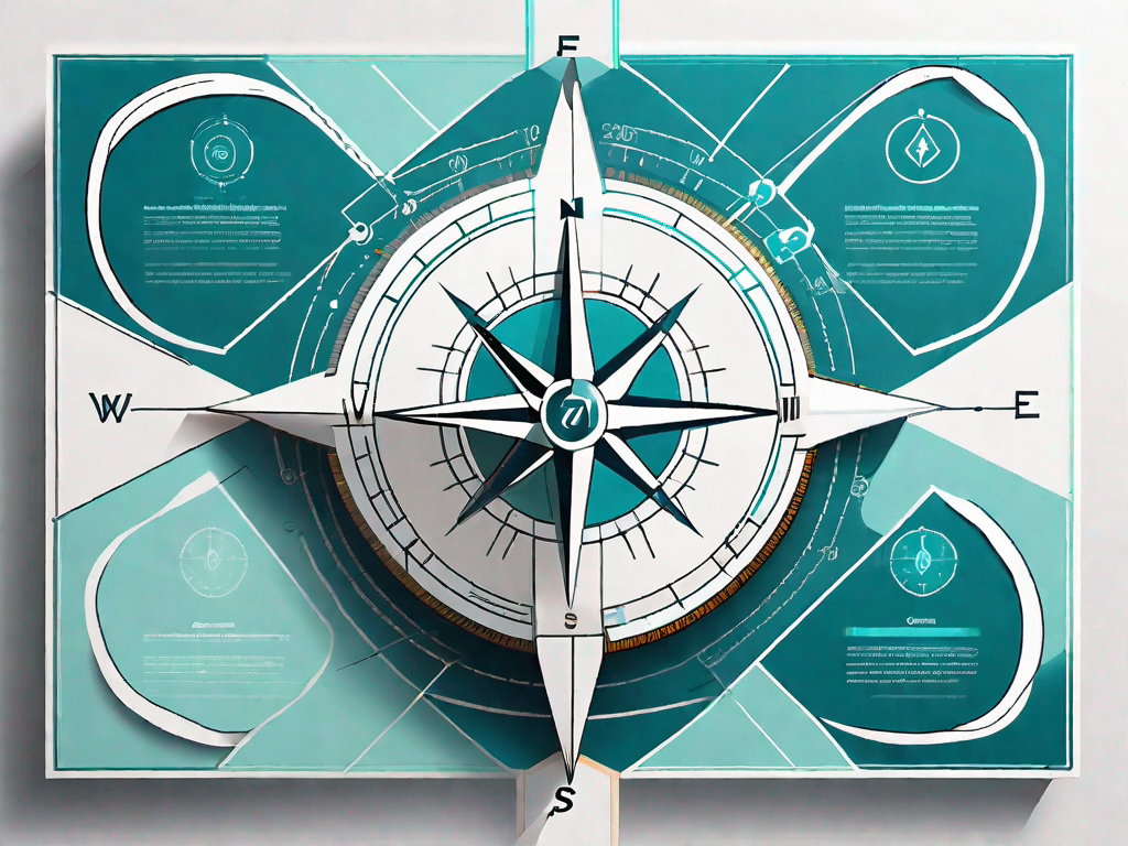 A navigational compass intertwined with a pert (project evaluation and review technique) chart