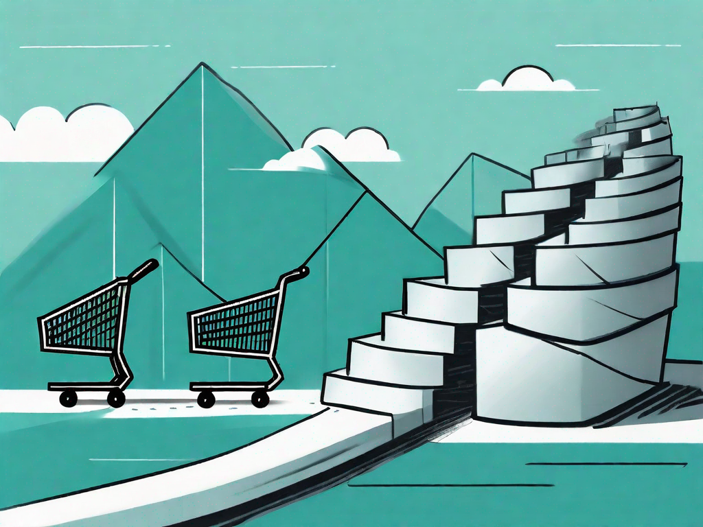 A winding path (representing the customer journey) with milestones marked by shopping carts