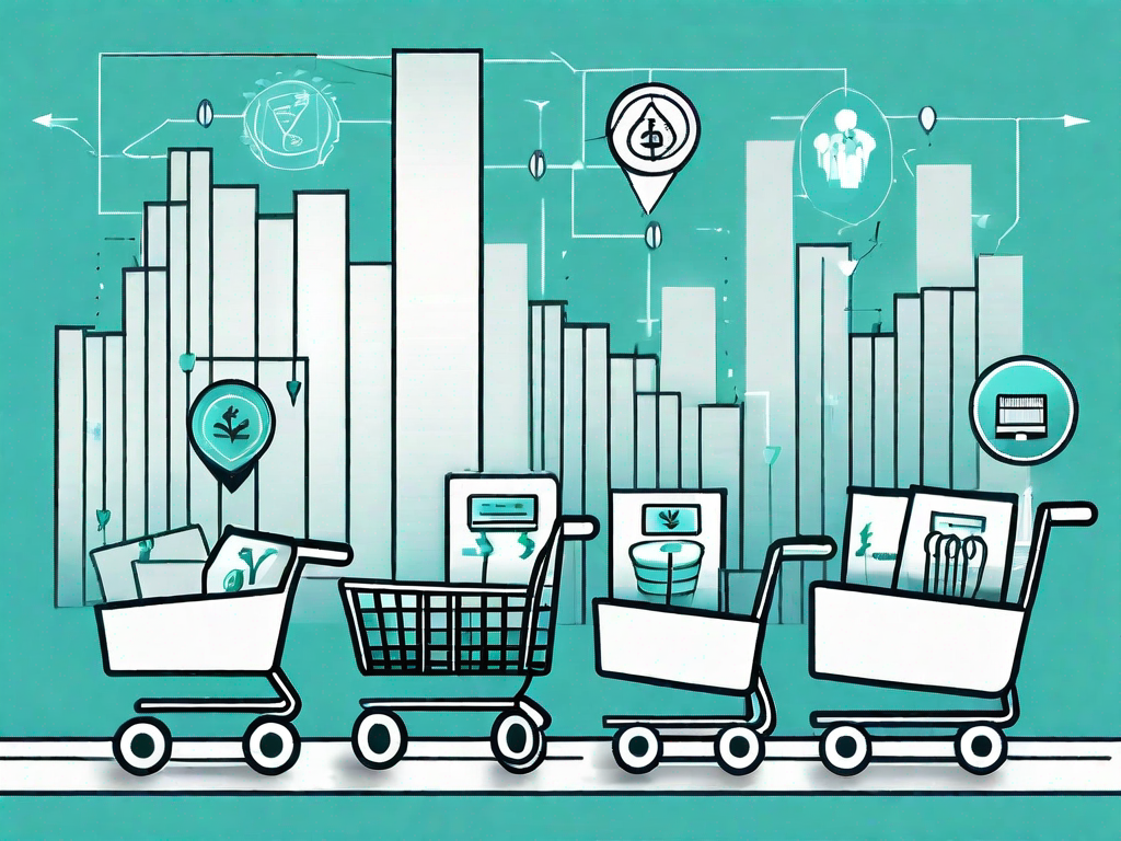 A symbolic journey path with various milestones represented by shopping carts