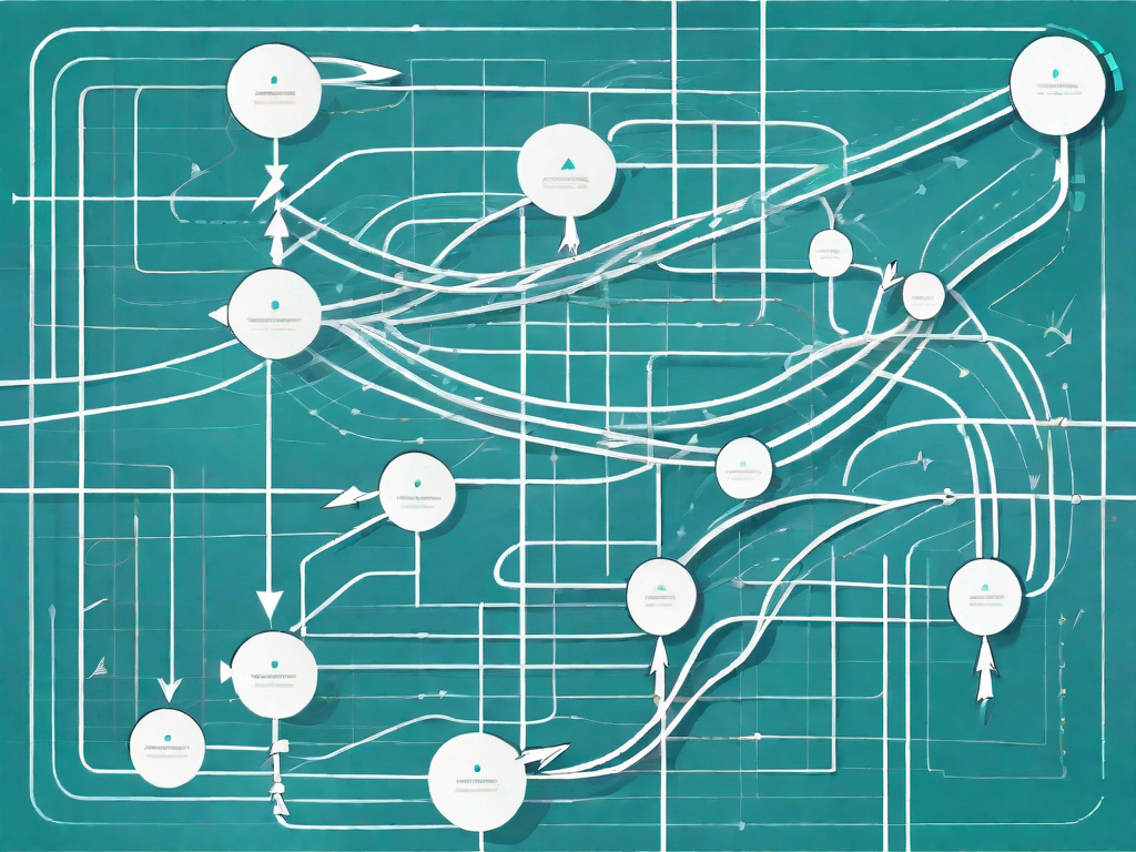 A complex matrix chart interwoven with a winding path