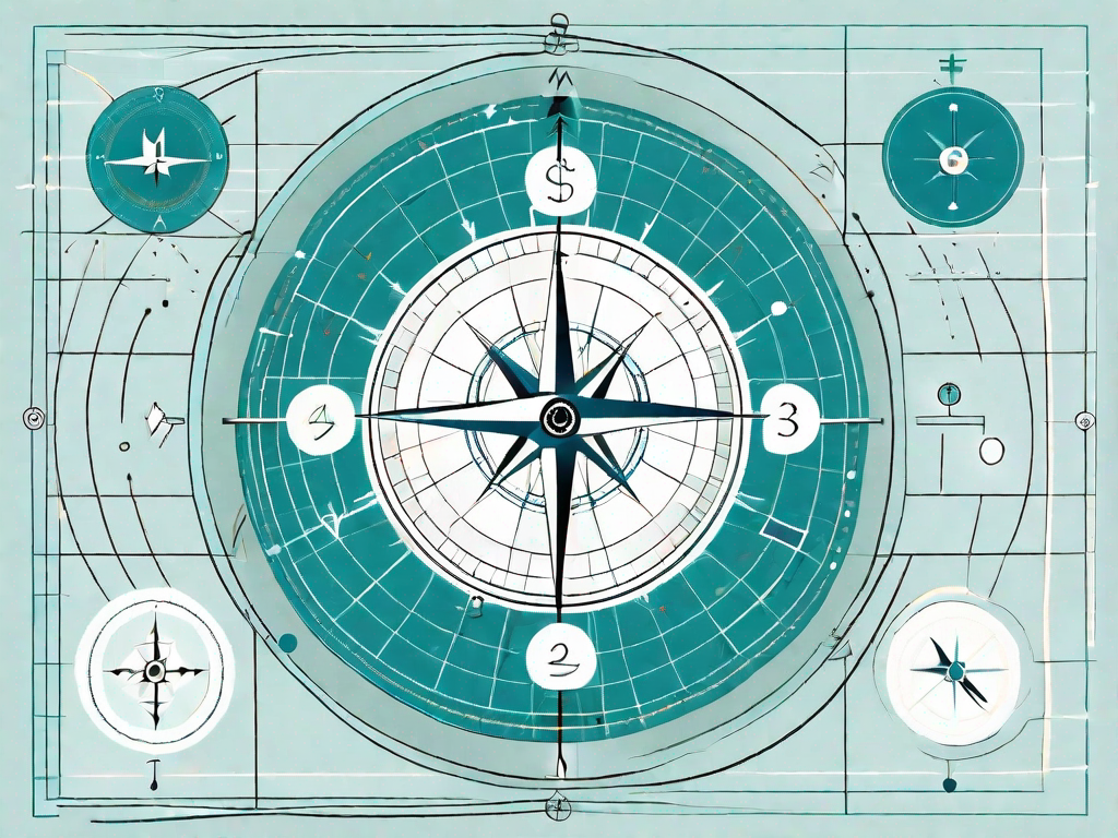 A navigational compass superimposed on a complex matrix grid