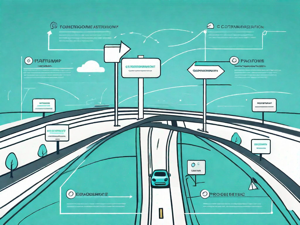 A roadmap with various features and tools symbolizing the stages of customer journey post-purchase